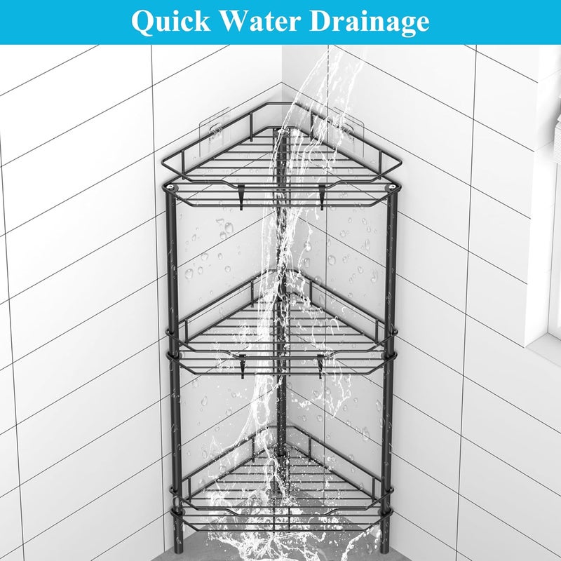 HuggieGems 3 Tier Floor Standing Corner Shower Caddy Organizer Shelf with Hooks, Bathroom Shelves Stand Rack, Black - Image 5